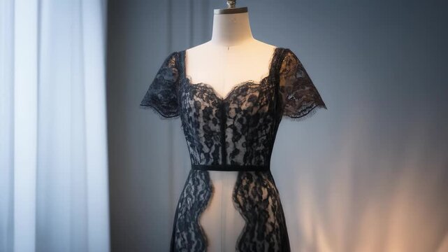 Elegant black lace dress on a mannequin in a room with window