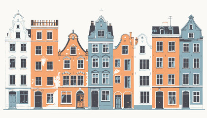 Fototapeta premium A stylized illustration features a row of colorful buildings, each with unique architectural details