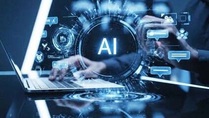 Dynamic AI tech interface on laptop with digital communication flowing