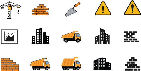 Construction icons set, building materials illustration, crane and truck vector, brick wall design, industrial equipment symbols, architecture tools, urban development graphic