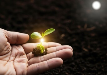 Hand holding a small seedling with sunlight isolated on white background