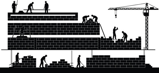 Fototapeta premium Construction site workers silhouette, building structure teamwork, crane lifting materials, industrial labor, architecture development, urban construction 