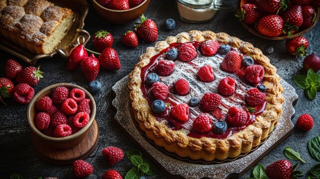 Freshly baked berry tart adorned with strawberries and raspberries on a dark wooden table - Powered by Adobe