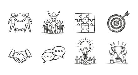 Hand-drawn business concept icons for teamwork, success, and innovation