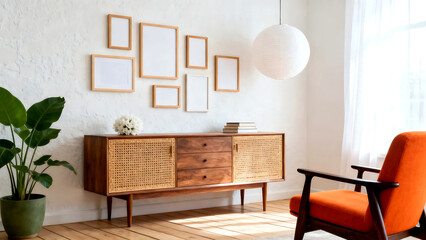 Create a stylish gallery wall with this modern living room featuring a retro sideboard and vibrant orange armchair