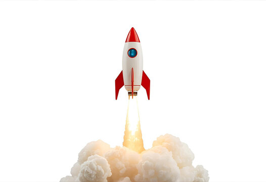 Red and white rocket launching upward with fiery clouds below