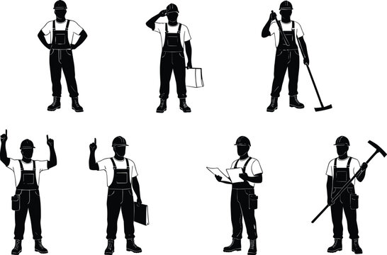 Construction worker, labor silhouette, builder icon, hard hat, tool belt, industrial job, engineering, workforce, occupation, teamwork, repair, 