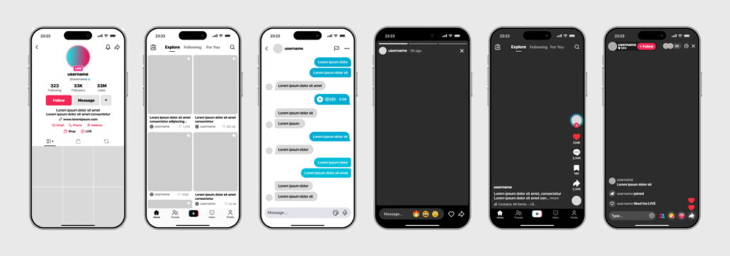 TikTok complete layout showing reels story live stream explore shop inbox messages profile bio likes comments shares audio tools and full interactive elements in a modern mobile vector illustration