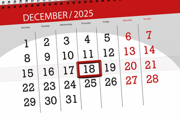 Calendar 2025, deadline, day, month, page, organizer, date, December, thursday, number 18