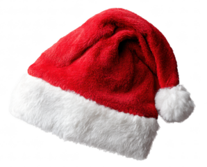 Red Santa hat with white fur trim, isolated on transparent background, Christmas clothing accessory, clean minimal shot