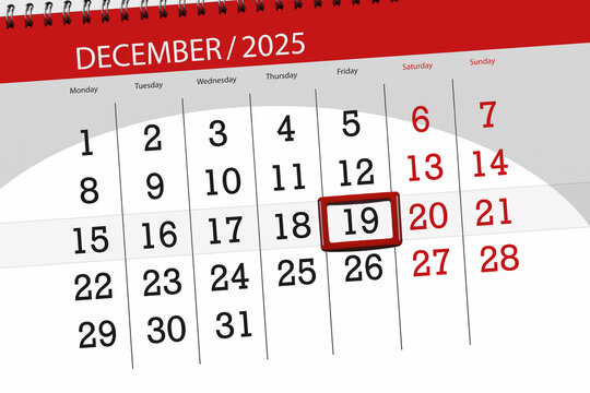 Calendar 2025, deadline, day, month, page, organizer, date, December, friday, number 19