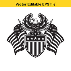 American bald eagle with outstretched wings perched on a shield with usa flags isolated on