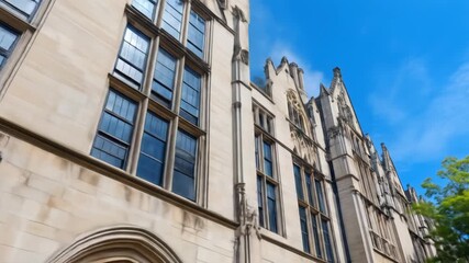 Grand stone building exterior with ornate architecture and many windows against blue sky