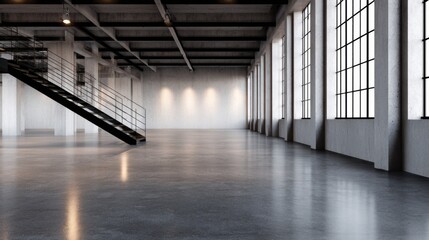 Spacious industrial interior with polished concrete floor, large windows, and minimalistic staircase design