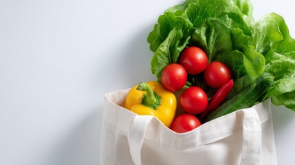 Fresh vegetables in a reusable bag. Colorful tomatoes, vibrant lettuce, and a yellow pepper create an appealing display. Perfect for healthy living and eco-friendly choices. AI
