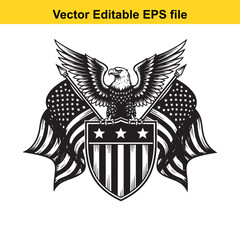 American bald eagle with outstretched wings perched on a shield with usa flags isolated on