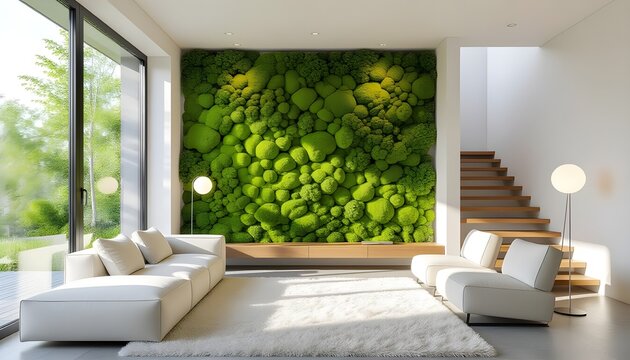 A modern living space with a large textured green moss wall, wide window with lush outdoor views, wooden staircase, white sofa and armchair, soft rug, and natural diffused lighting in a clean, minimal