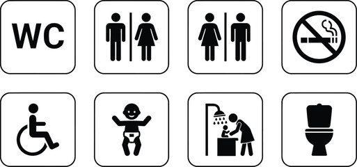 Collection of universal restroom and facility pictogram signs