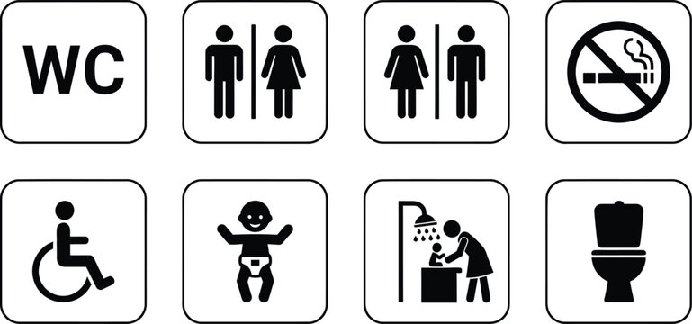 Collection of universal restroom and facility pictogram signs
