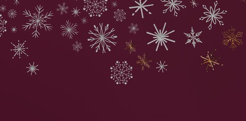 Christmas background with snowflakes. Winter design with ornaments on a maroon background.  Perfect for holiday greetings, festive de