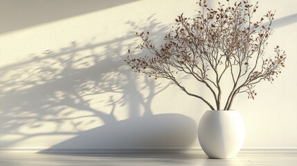 Bare branches in a white vase create stunning shadows on a sunlit wall indoors