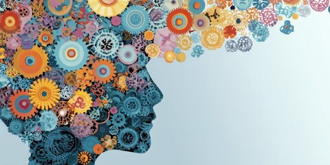 Silhouette of a human head filled with colorful gears and cogs, representing creativity, innovation, and the fusion of technology and imagination in a vibrant illustration