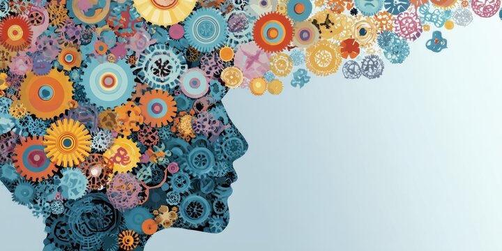 Silhouette of a human head filled with colorful gears and cogs, representing creativity, innovation, and the fusion of technology and imagination in a vibrant illustration