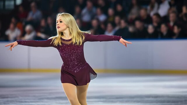 Young woman ice skating gracefully in competitive performance arena  