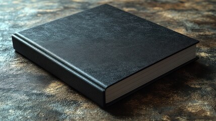 An open black leather journal awaits creativity on a textured surface