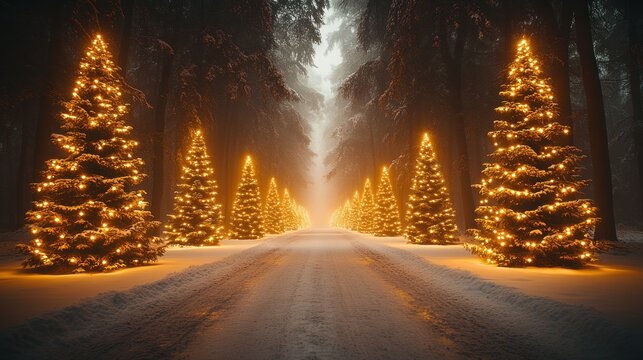 A serene snowy path leads through a dark forest, illuminated by shining Christmas trees