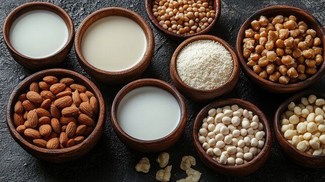 Variety of nuts and plant based milk displayed in wooden bowls on a textured background - Powered by Adobe