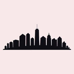 Obraz premium Black silhouette of a city skyline with varied buildings against a pale pink background urban architecture