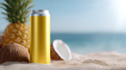 A vibrant yellow drink can stands on sandy beach beside fresh pineapple and coconut. This summer-themed image evokes feelings of relaxation and fun in the sun. Perfect for marketing. AI