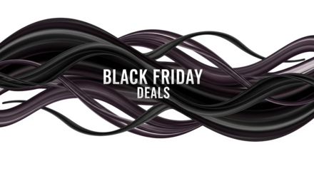 Black friday deals text overlaying a swirling abstract background of black and purple brush strokes, isolated on transparent background
