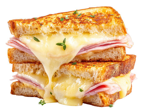 Classic French croque monsieur sandwich with melted cheese and ham, styled food photo, isolated on transparent background, gourmet breakfast concept, sharp detail