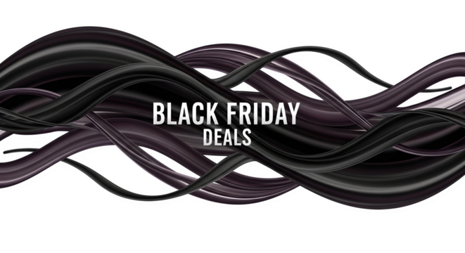 Black friday deals text overlaying a swirling abstract background of black and purple brush strokes, isolated on transparent background