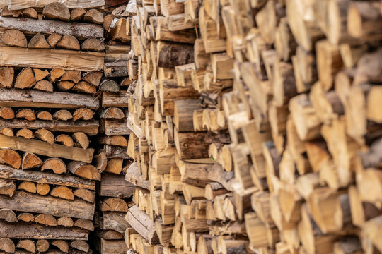 Wooden natural sawn logs as background, top view, flat lay. Wood texture. Firewood stack. 