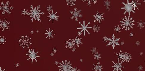 Abstract winter background with snowflakes. Red backdrop with falling snowflakes for Christmas and New Year designs. Holiday