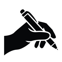 A hand holding a pen, writing or drawing something, isolated on the hand is in black silhouette, with the pen pointed downwards