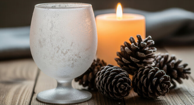 Frosted glass with pine cones and candle on rustic wooden table