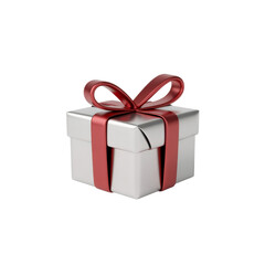 Obraz premium Silver gift box with red ribbon isolated on transparent background