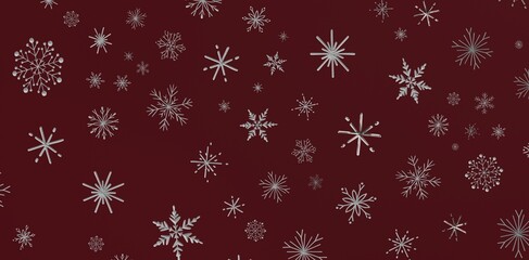 Christmas snowflakes background. Burgundy background with silver snowflakes. Winter season holiday design.