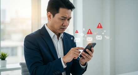 Worried businessman stressed by urgent mobile notifications and warning alerts in modern office setting