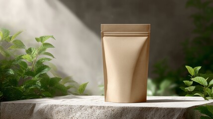 A simple and elegant product package stands on a stone surface surrounded by green leaves. This image shows a natural and minimalist design, perfect for eco-friendly brands. AI