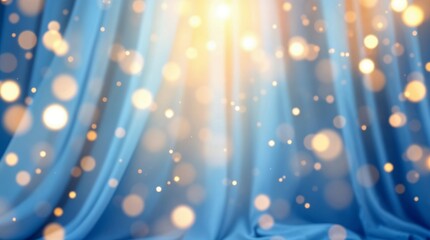 Festive abstract background with a blue curtain and golden bokeh lights. Magical celebration scene with glowing light rays. Elegant wallpaper for a holiday or award ceremony