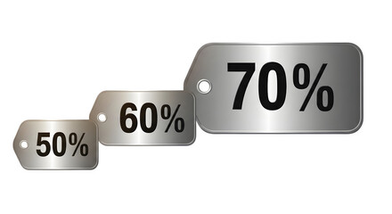 Three metallic tags showing 50%, 60%, and 70% discount isolated on transparent background