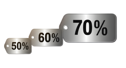 Three metallic tags showing 50%, 60%, and 70% discount isolated on transparent background