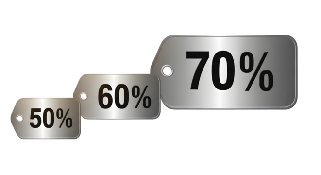 Three metallic tags showing 50%, 60%, and 70% discount isolated on transparent background