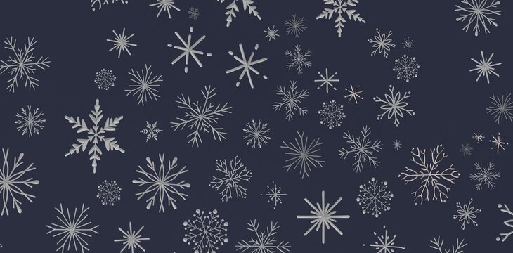 Abstract winter background with snowflakes. Seasonal texture with hand-drawn white snowflakes on a blue background. Ideal fo