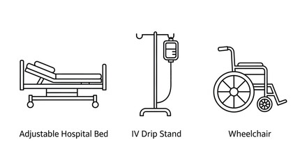 Simple line drawing depicting a hospital bed iv stand and wheelchair